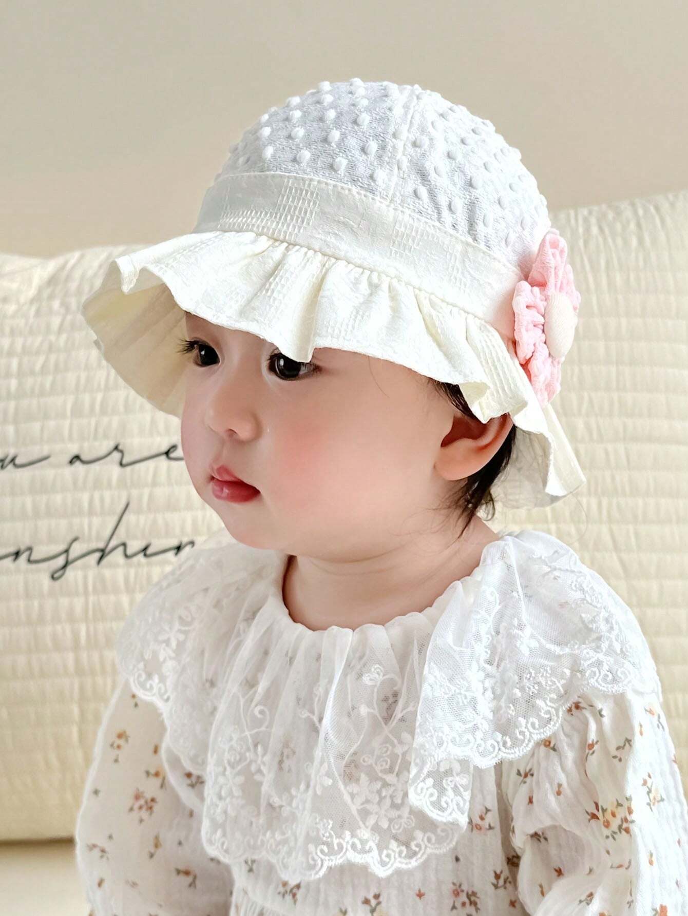 1pc Baby Girls' Princess Style Pink Sun Hat With Flower Decor For 6-20 Months Infants White 6-12M