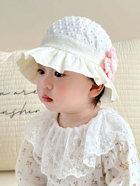 1pc Baby Girls' Princess Style Pink Sun Hat With Flower Decor For 6-20 Months Infants White 6-12M