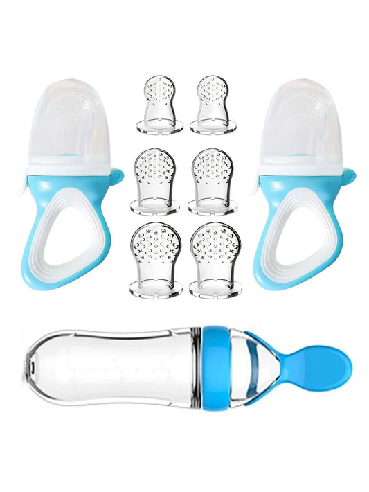1pc Baby Multifunctional Silicone Squeeze Feeding Bottle & 2pcs Feeder Pacifier & 6pcs Elastic Mesh Bag Blue One-Size