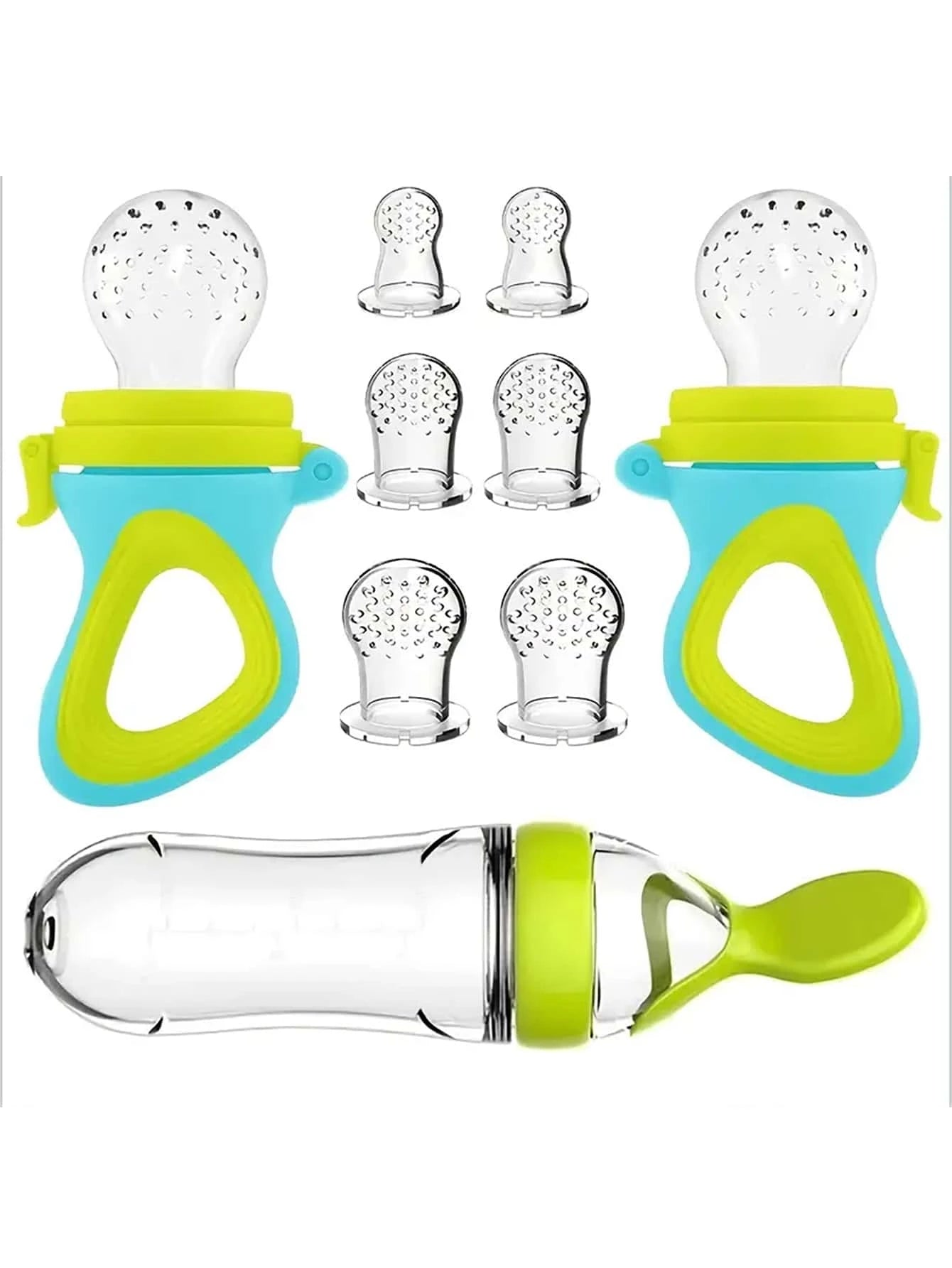 1pc Baby Multifunctional Silicone Squeeze Feeding Bottle & 2pcs Feeder Pacifier & 6pcs Elastic Mesh Bag Green One-Size