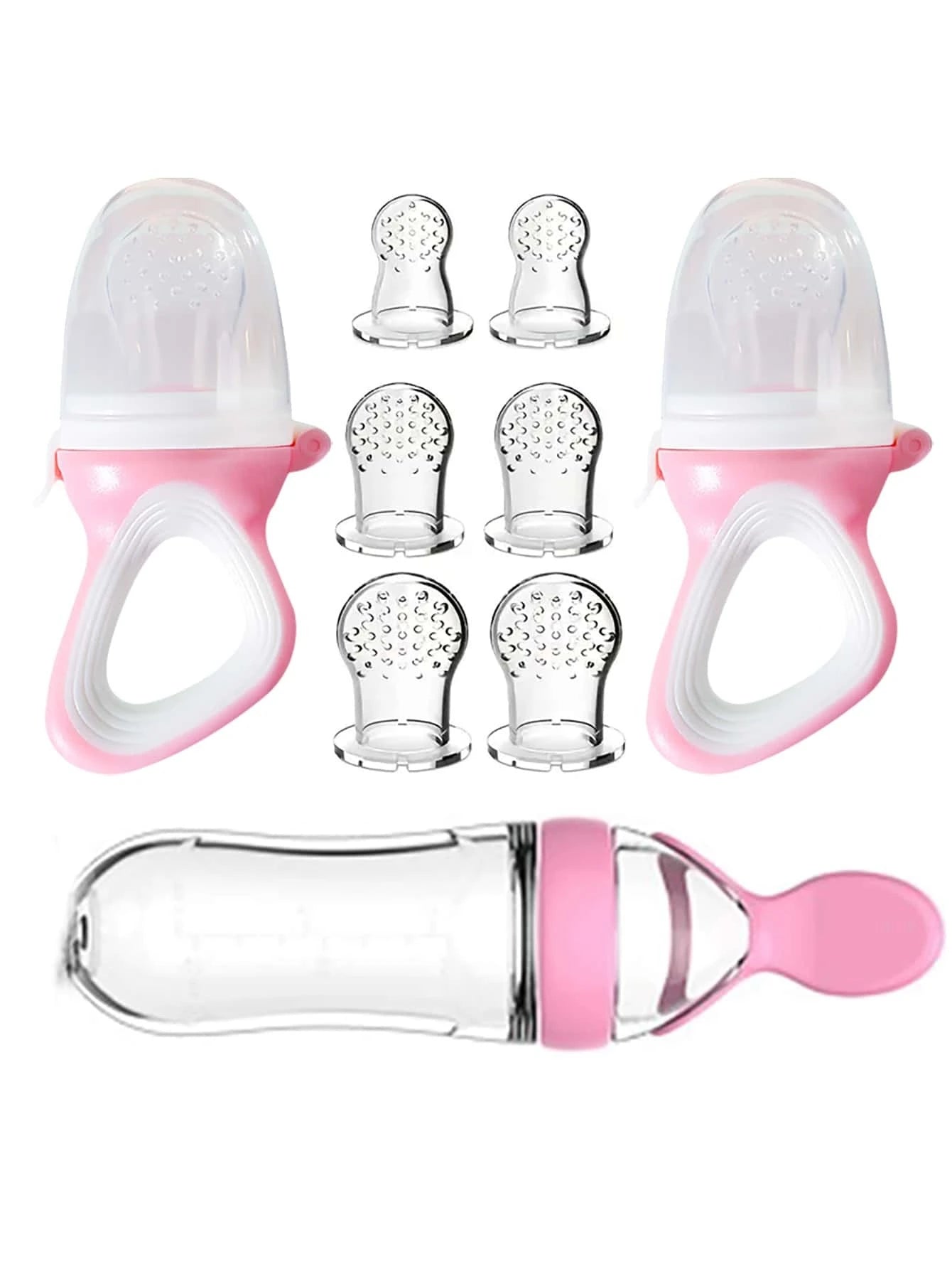 1pc Baby Multifunctional Silicone Squeeze Feeding Bottle & 2pcs Feeder Pacifier & 6pcs Elastic Mesh Bag Pink One-Size