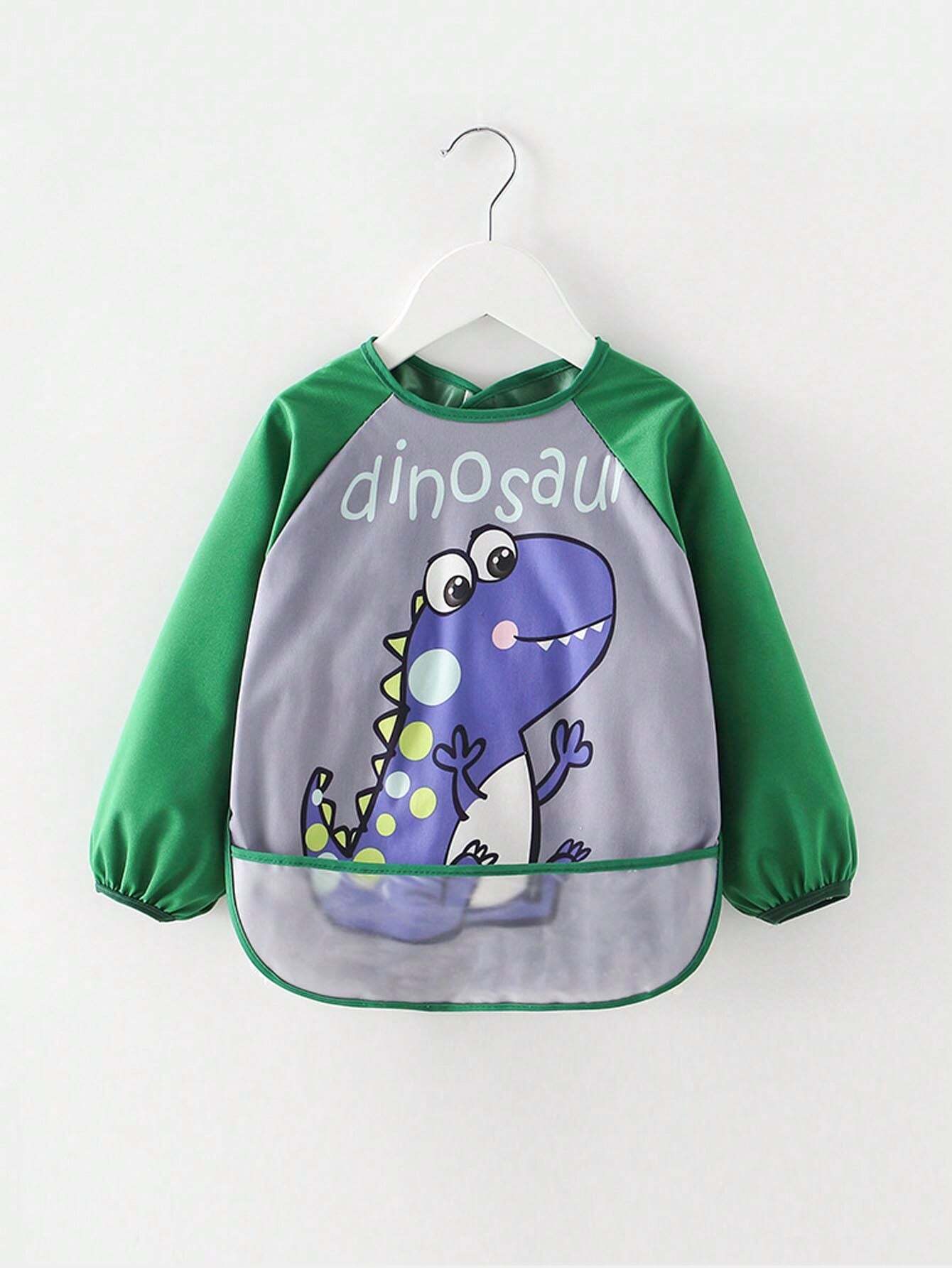 1pc Baby Waterproof Dinosaur Printed Bib Apron Suitable For Daily Use Green One-Size