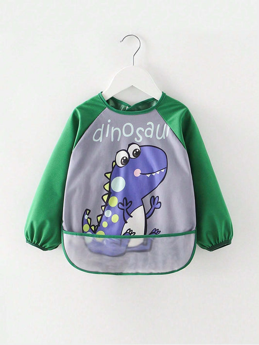1pc Baby Waterproof Dinosaur Printed Bib Apron Suitable For Daily Use Green One-Size