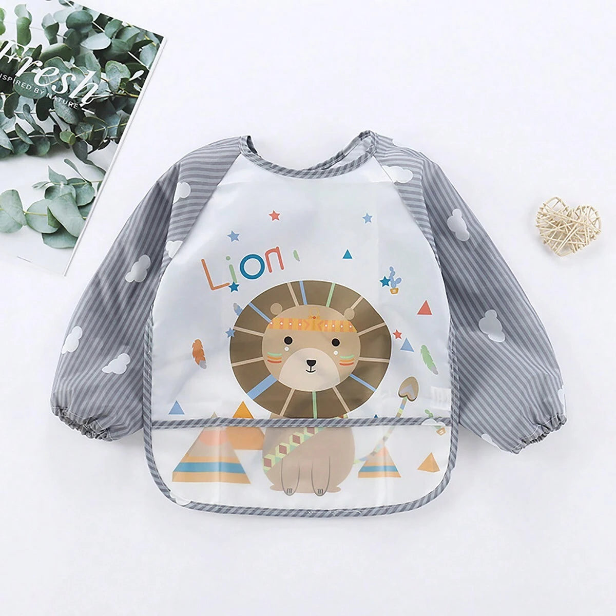 1pc Waterproof Long Sleeve Striped Lion Bibs Grey One-Size