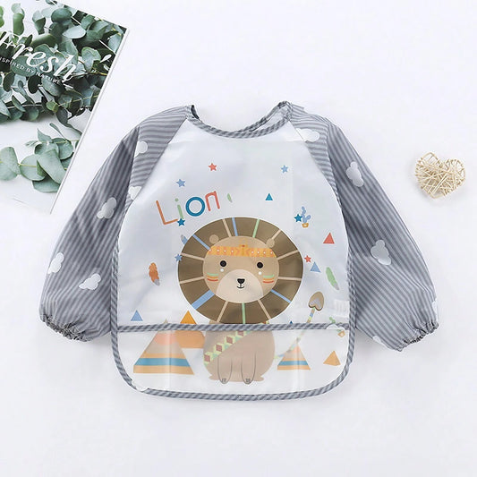 1pc Waterproof Long Sleeve Striped Lion Bibs Grey One-Size