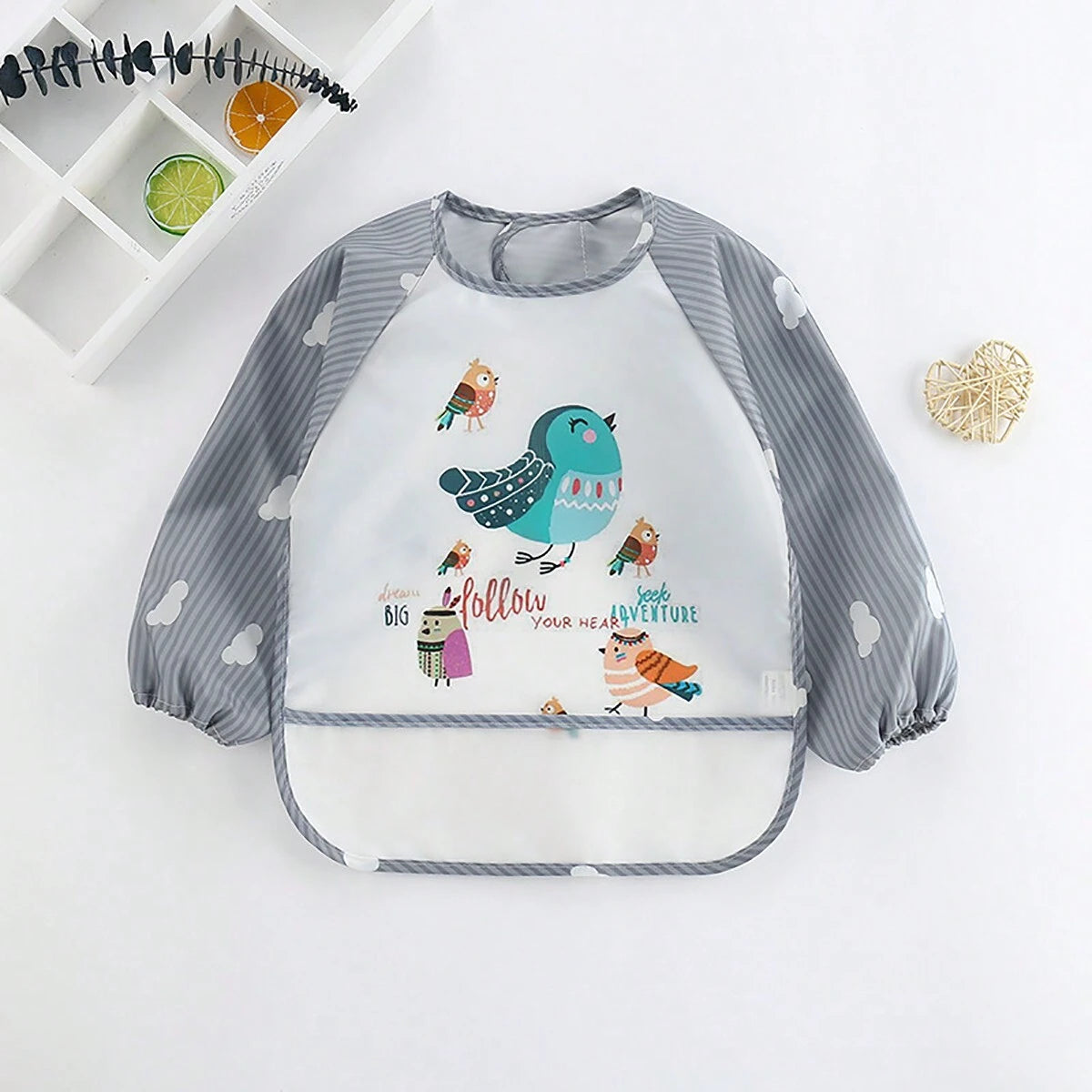 1pc Waterproof Long Sleeve Striped Lion Bibs Light Grey One-Size