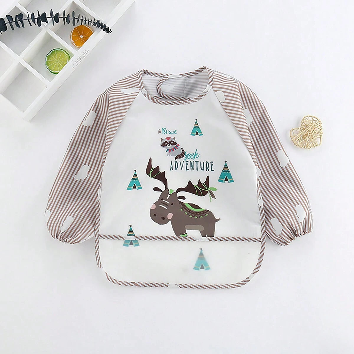 1pc Waterproof Long Sleeve Striped Lion Bibs Brown One-Size