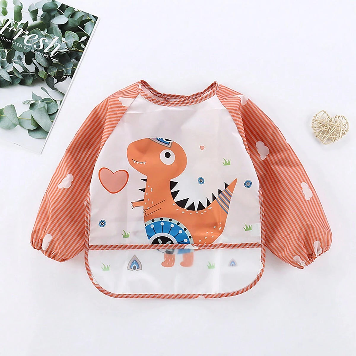 1pc Waterproof Long Sleeve Striped Lion Bibs Red One-Size