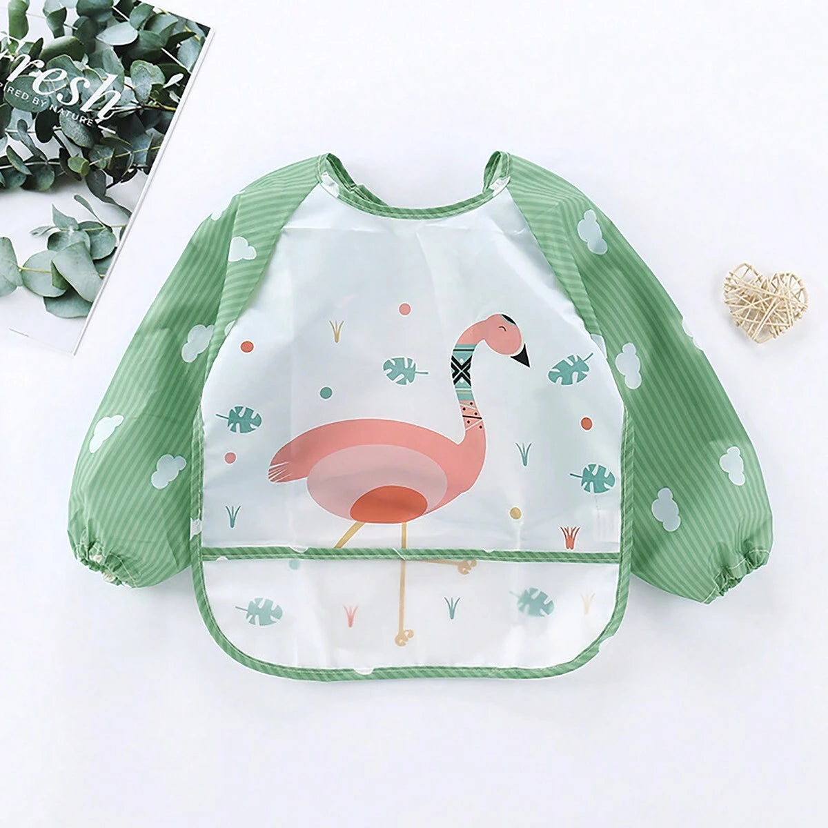 1pc Waterproof Long Sleeve Striped Lion Bibs Green One-Size