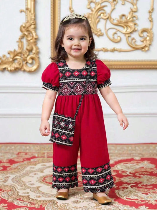 Baby Girls Floral Print High Waist Casual Retro Jumpsuit Pants + Crossbody Bag