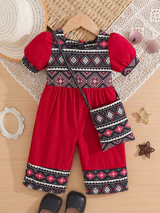 Baby Girls Floral Print High Waist Casual Retro Jumpsuit Pants + Crossbody Bag