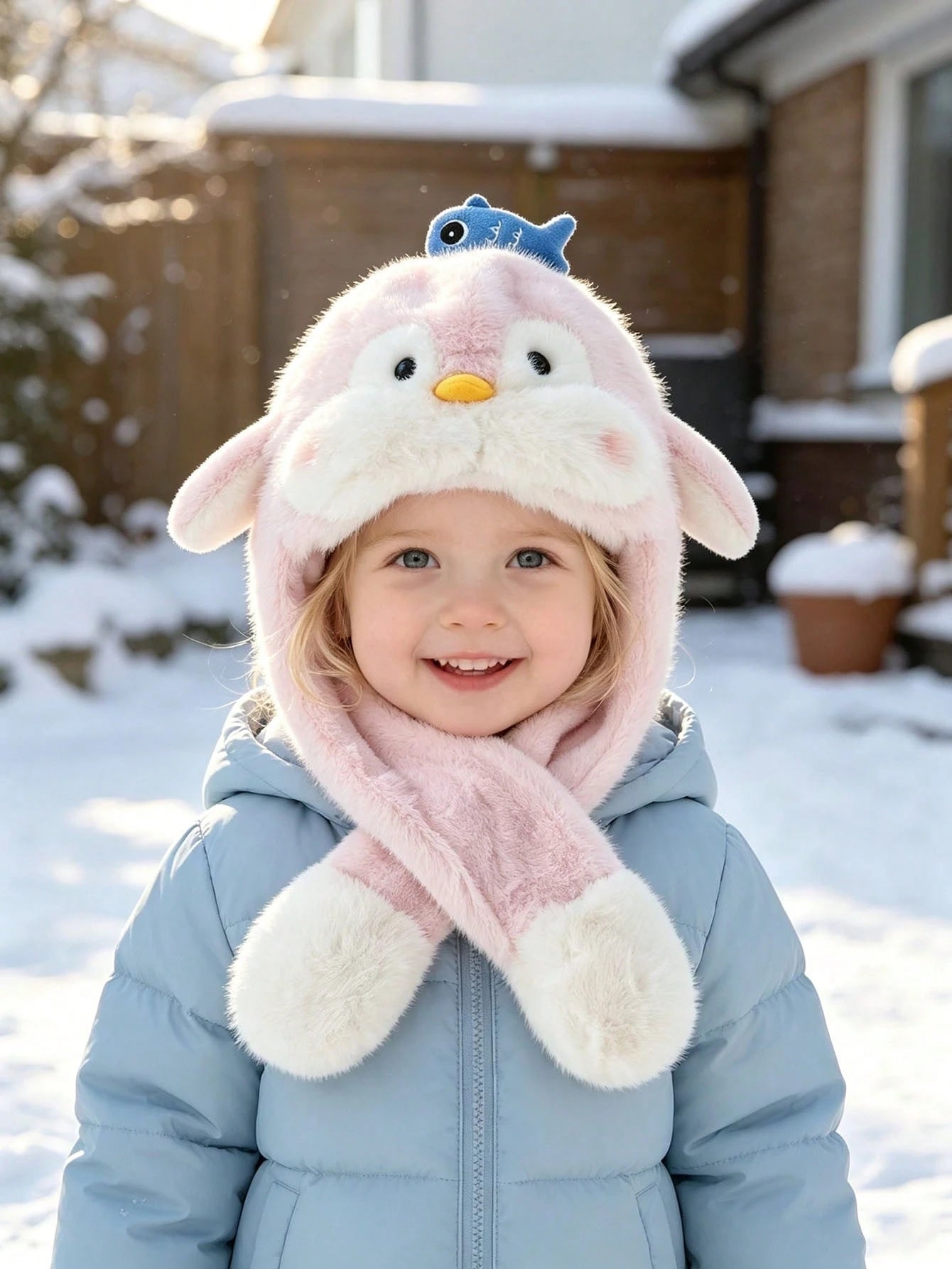 1pc Girls Penguin Plush Hat With Scarf