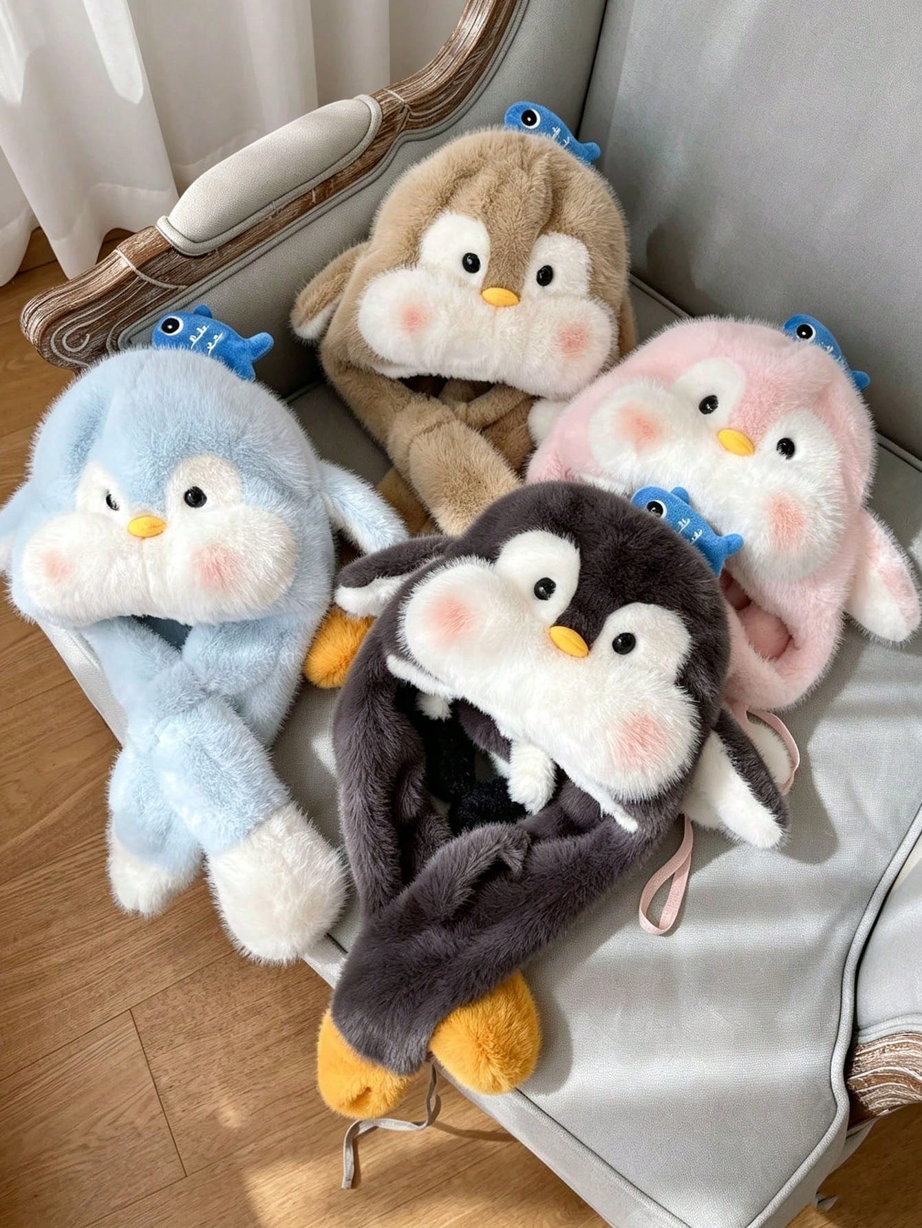1pc Girls Penguin Plush Hat With Scarf
