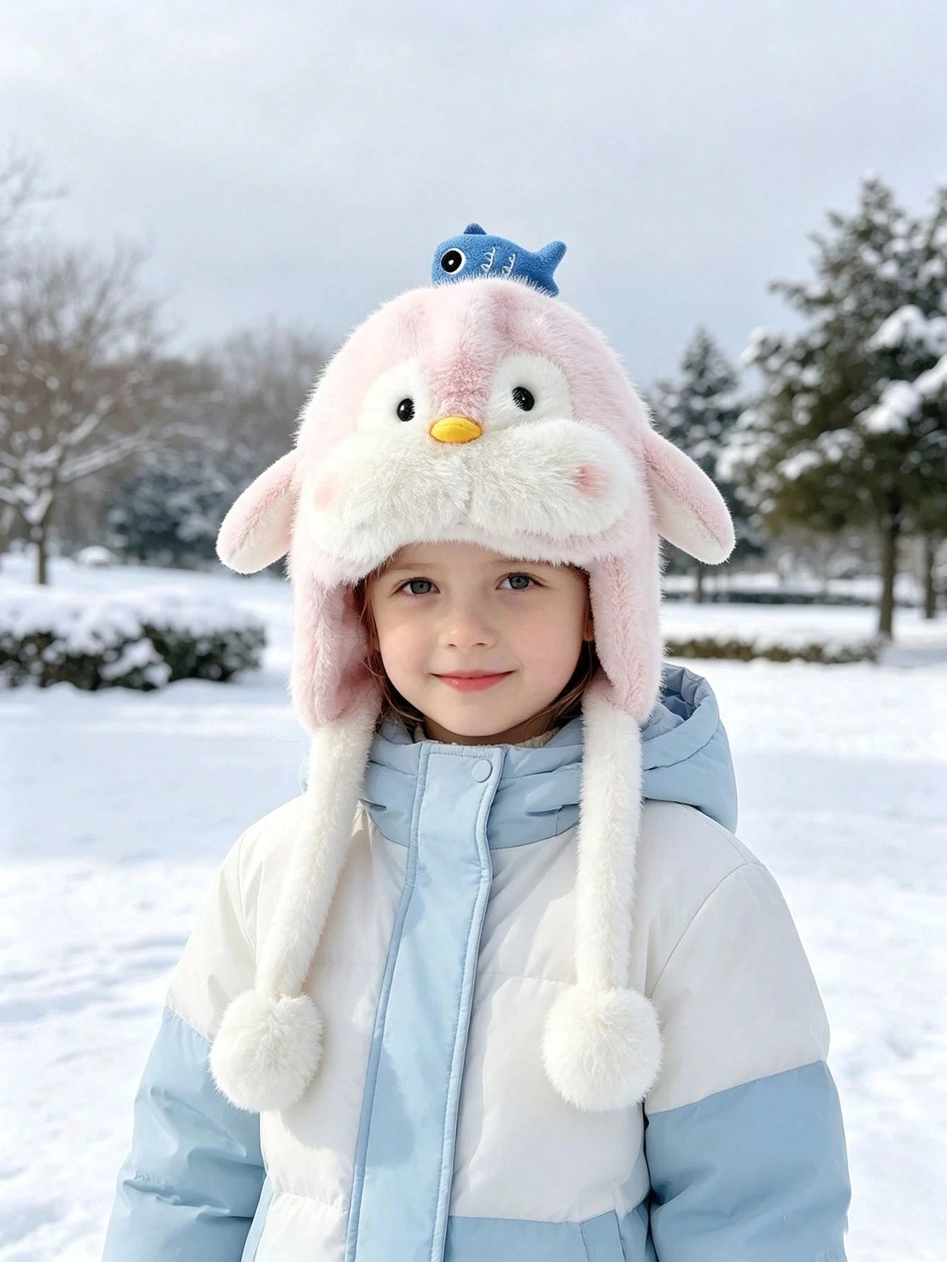1pc Girls Penguin Plush Hat With Scarf