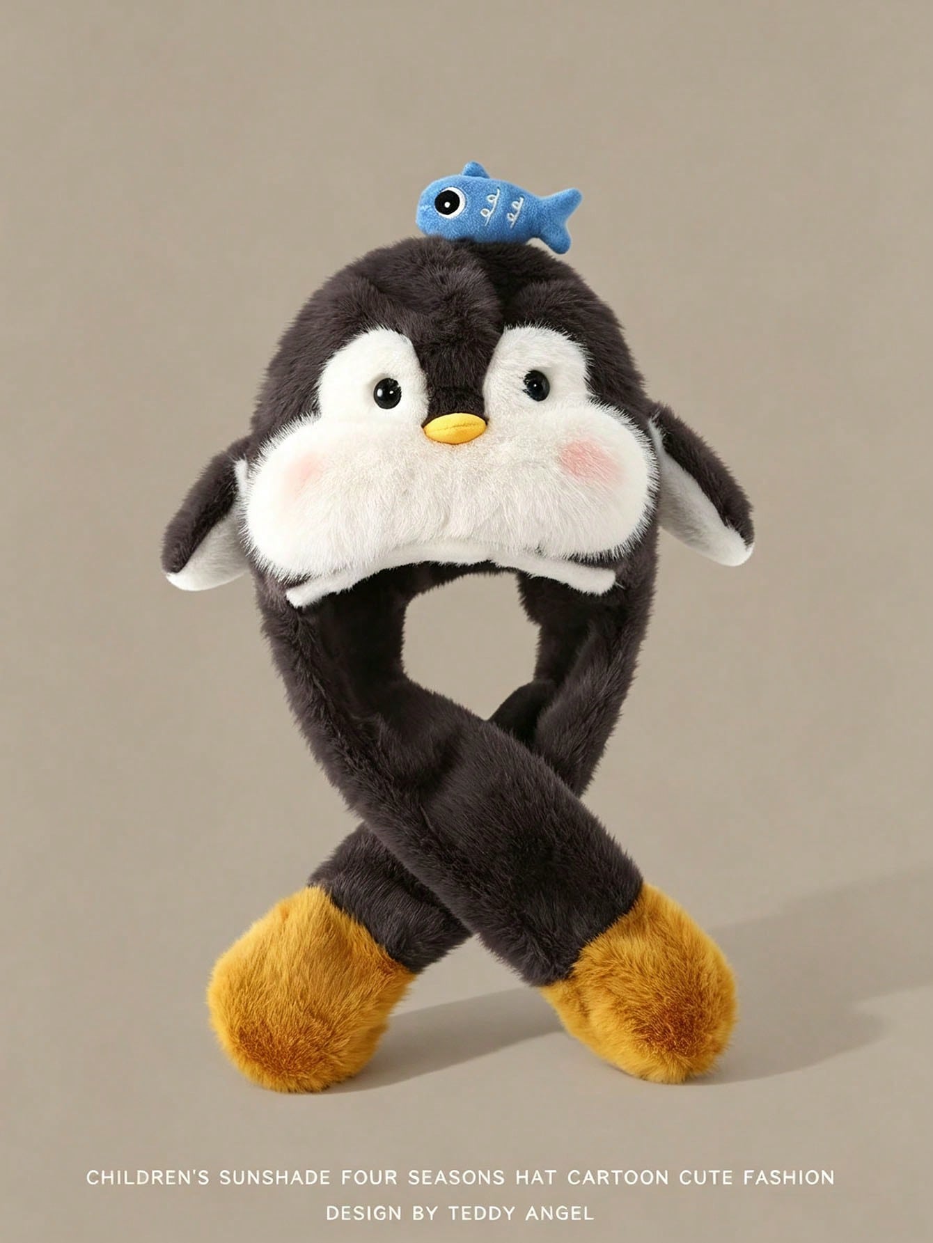 1pc Girls Penguin Plush Hat With Scarf Black