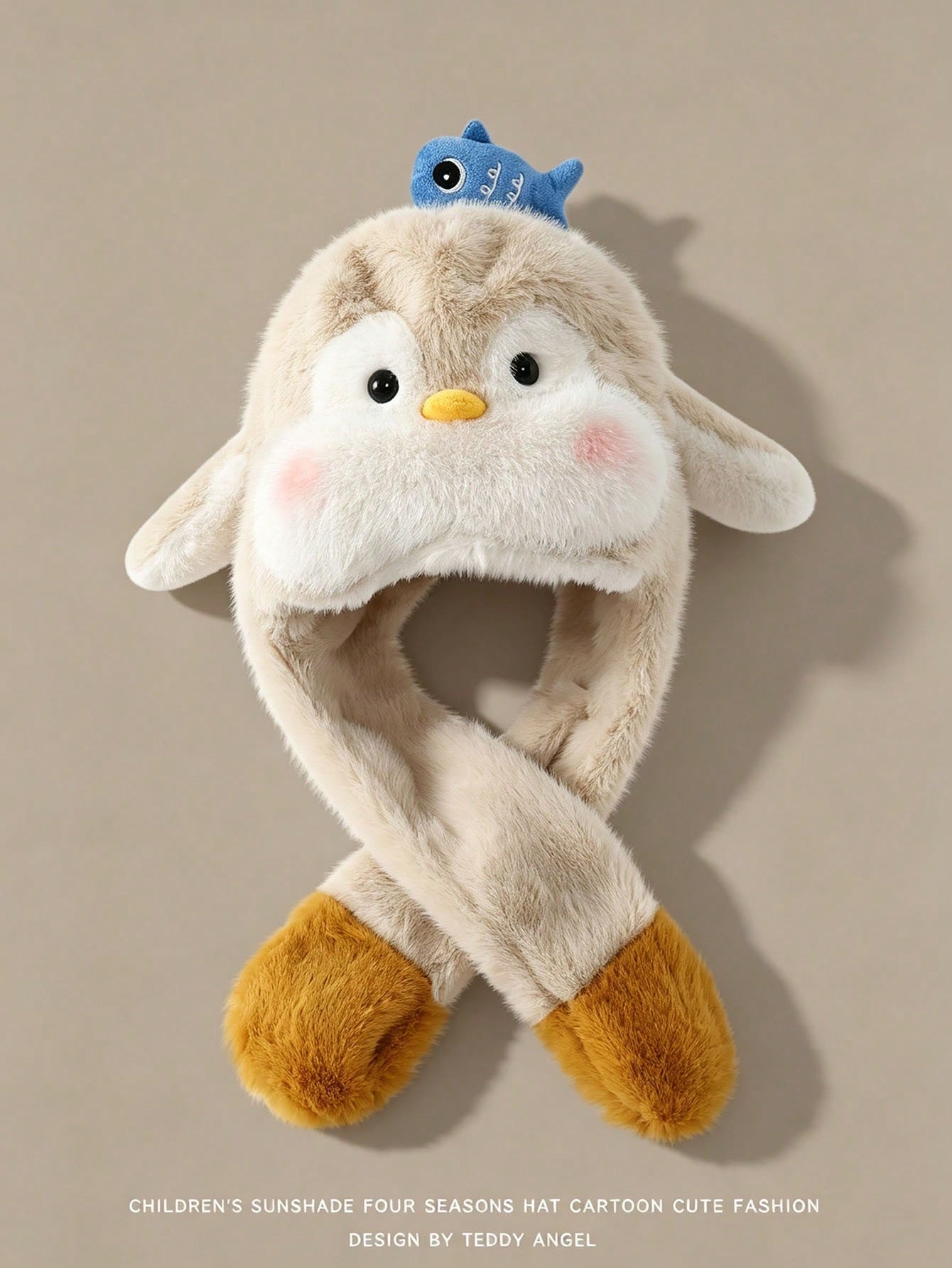 1pc Girls Penguin Plush Hat With Scarf Brown