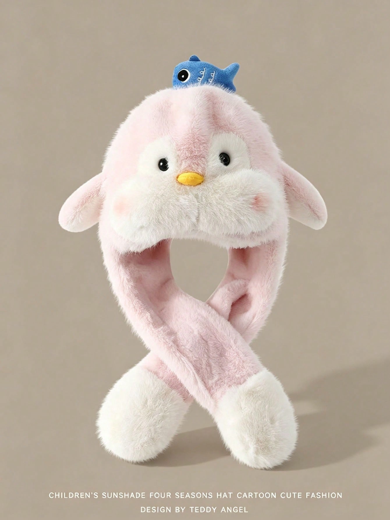 1pc Girls Penguin Plush Hat With Scarf Pink