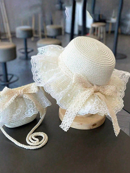 Mummy & Mee Thin Summer Sun Ion Hat Lace Bow Straw Hat 3-6Y