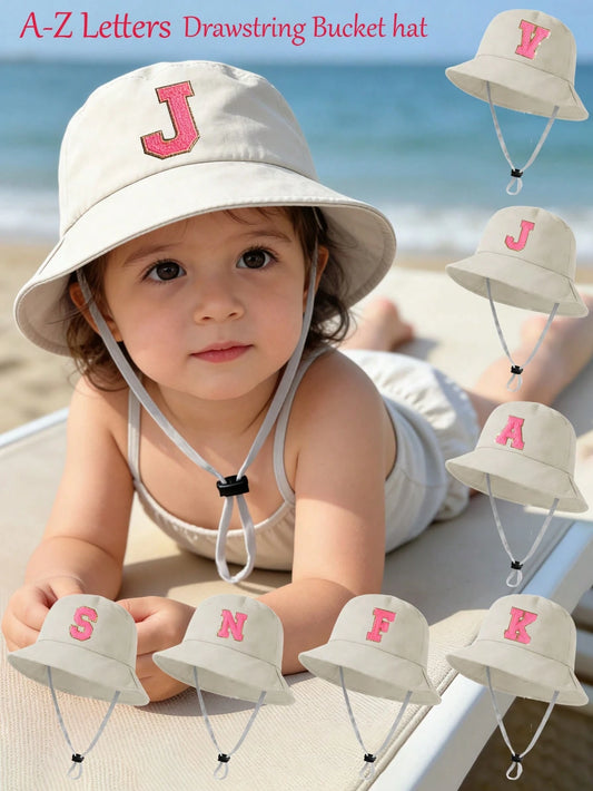 Mummy & Mee 1pc Kids Adjustable Breathable Hat 26 Letter Personalized Pink Color Beach Sun Protection Hats Beige