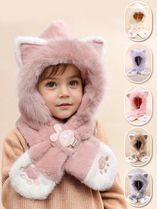 Plush Earflap & Neck Ion Hat With Cat Paw Embroidery, Integrated Hat & Scarf Set