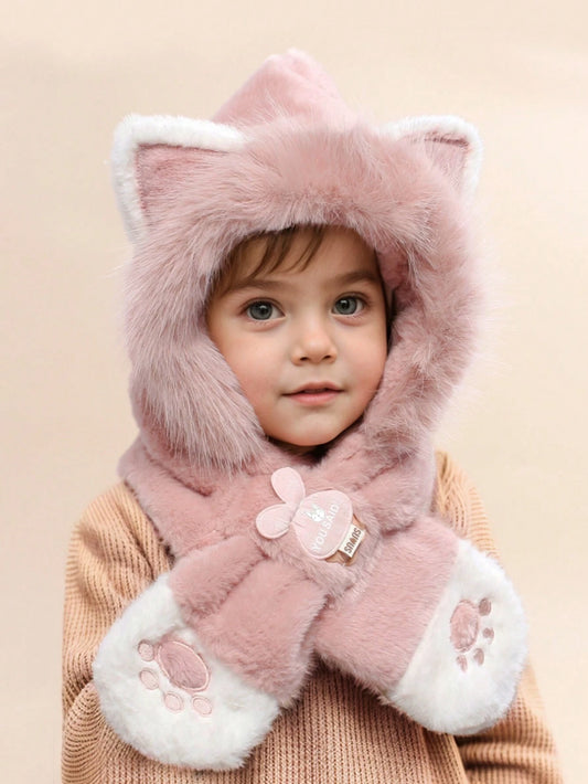 Plush Earflap & Neck Ion Hat With Cat Paw Embroidery, Integrated Hat & Scarf Set