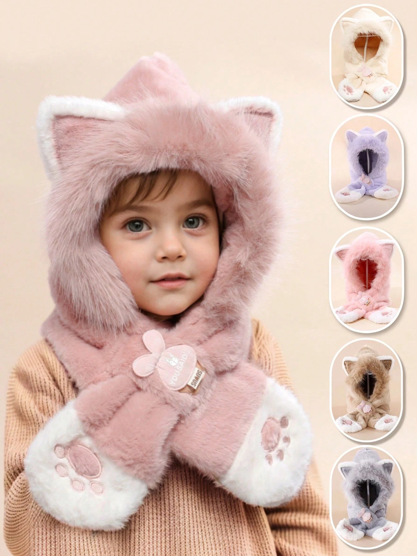 1pc Kids Cute Cat Ear Warm Winter Plush Earflap & Neck Protection Hat With Cat Paw Embroidery Pink 6-12Y