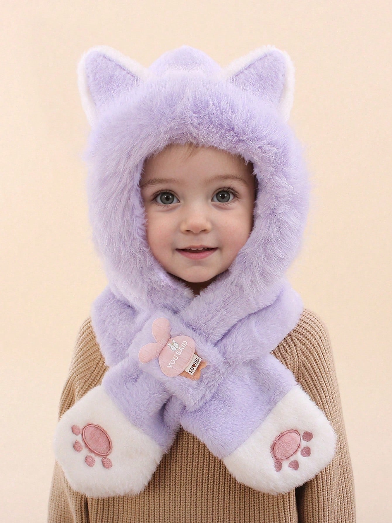 1pc Kids Cute Cat Ear Warm Winter Plush Earflap & Neck Protection Hat With Cat Paw Embroidery Purple 6-12Y