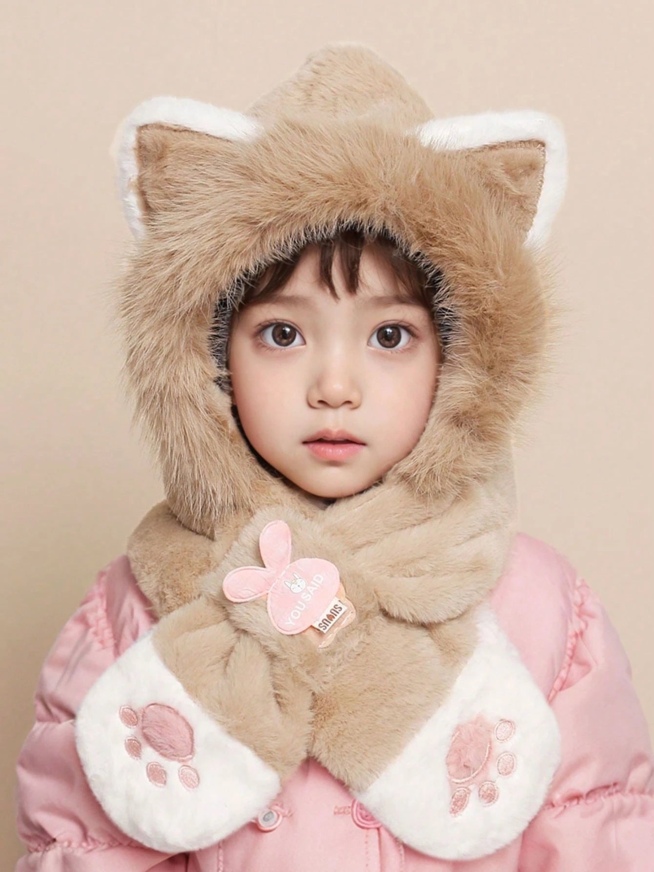 1pc Kids Cute Cat Ear Warm Winter Plush Earflap & Neck Protection Hat With Cat Paw Embroidery Khaki 6-12Y
