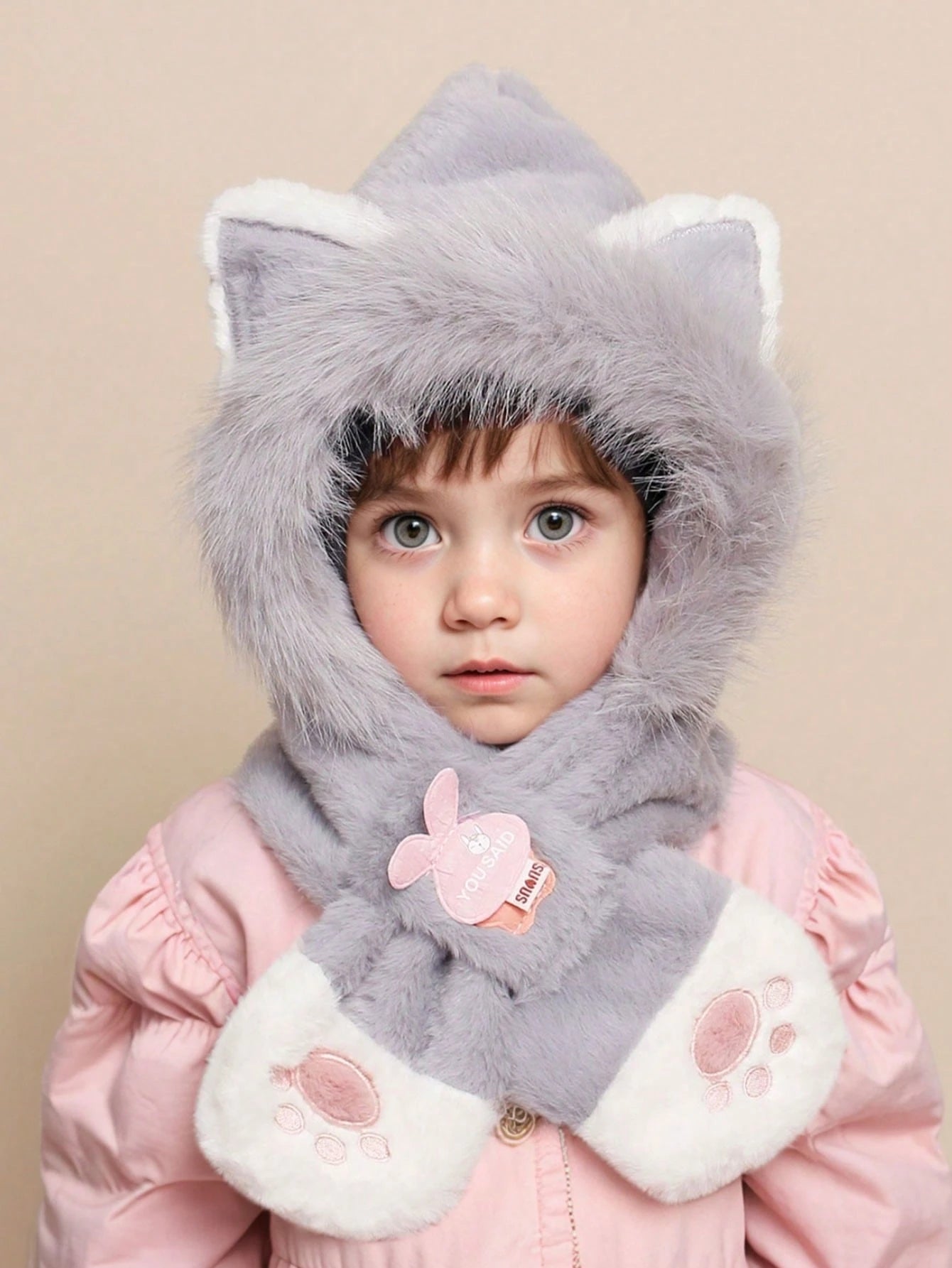 1pc Kids Cute Cat Ear Warm Winter Plush Earflap & Neck Protection Hat With Cat Paw Embroidery Grey 6-12Y