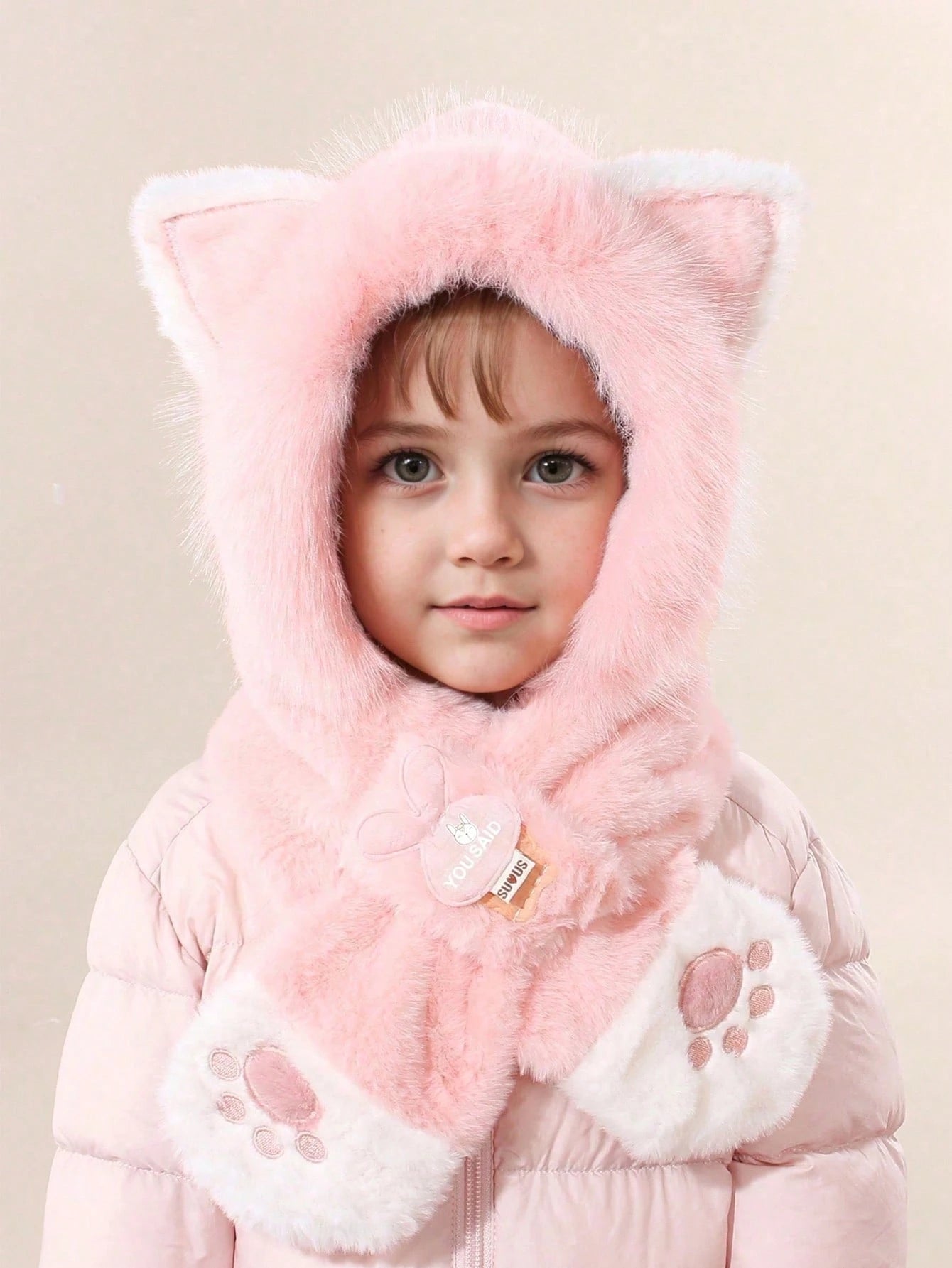 1pc Kids Cute Cat Ear Warm Winter Plush Earflap & Neck Protection Hat With Cat Paw Embroidery Light Pink 6-12Y