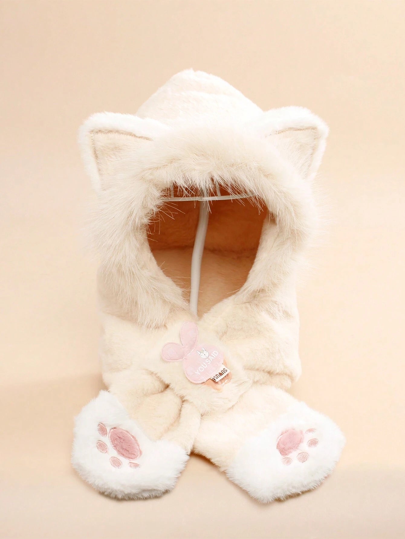 1pc Kids Cute Cat Ear Warm Winter Plush Earflap & Neck Protection Hat With Cat Paw Embroidery Beige 6-12Y