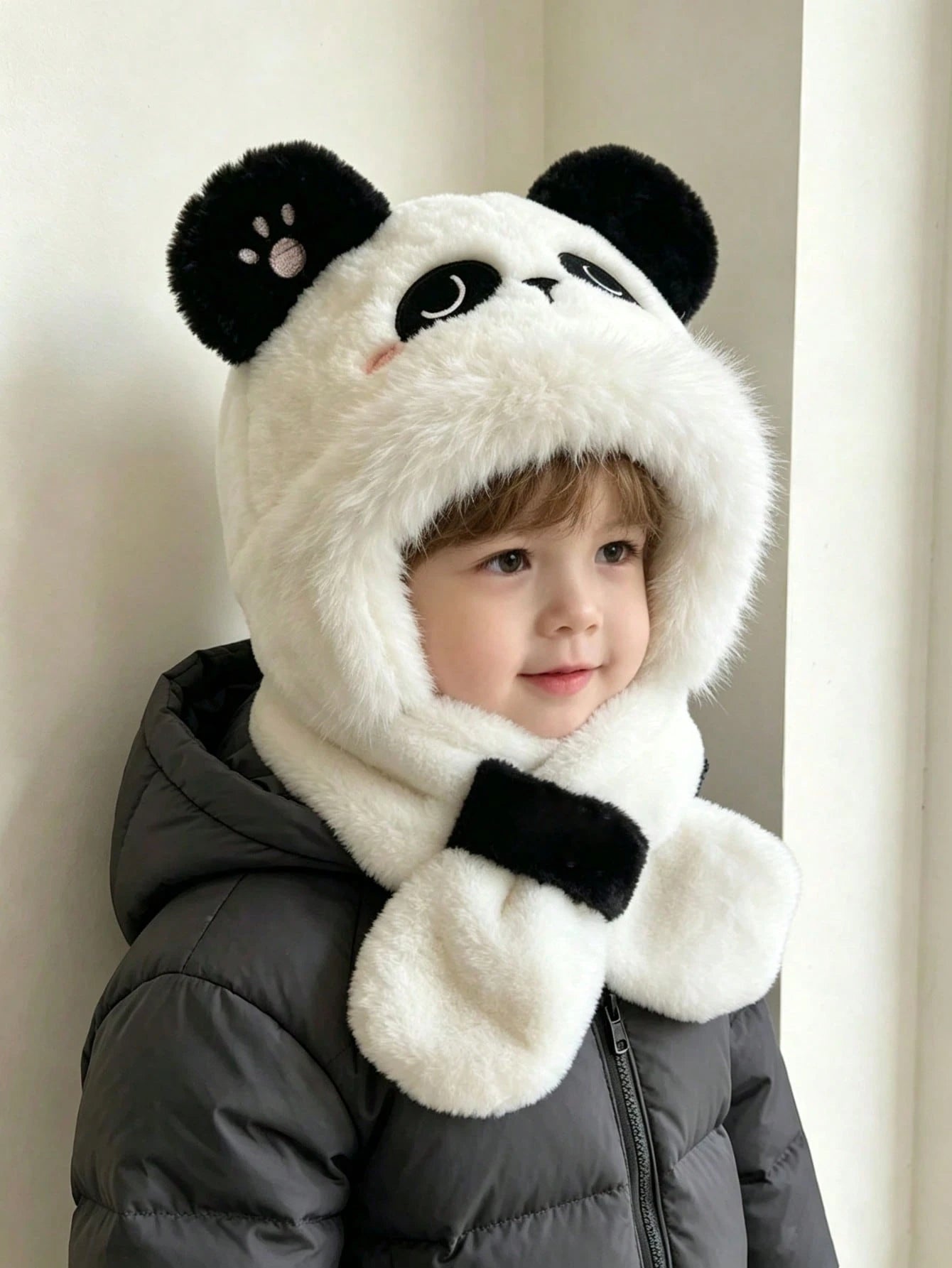 Panda Embroidery Faux Plush Warm Windproof One-Piece Set