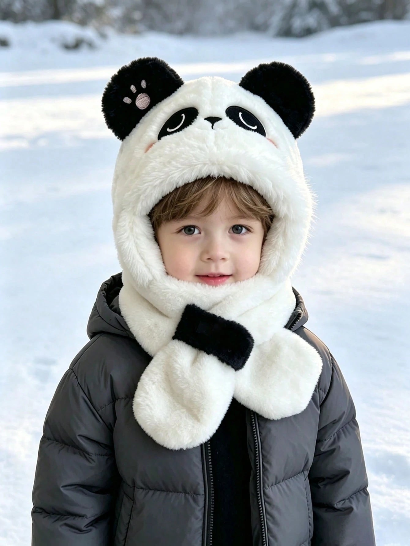 Panda Embroidery Faux Plush Warm Windproof One-Piece Set
