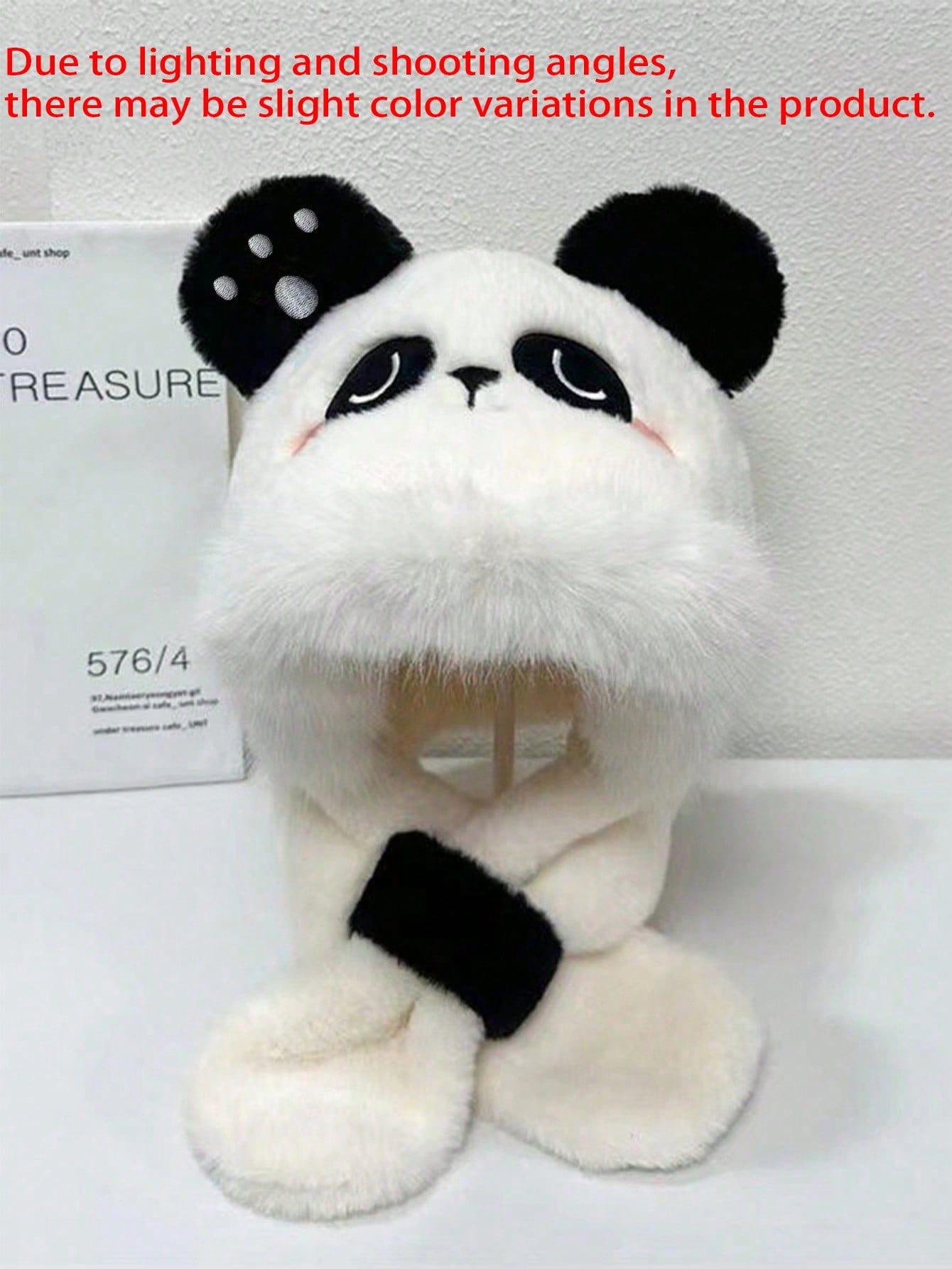 Panda Embroidery Faux Plush Warm Windproof One-Piece Set Black