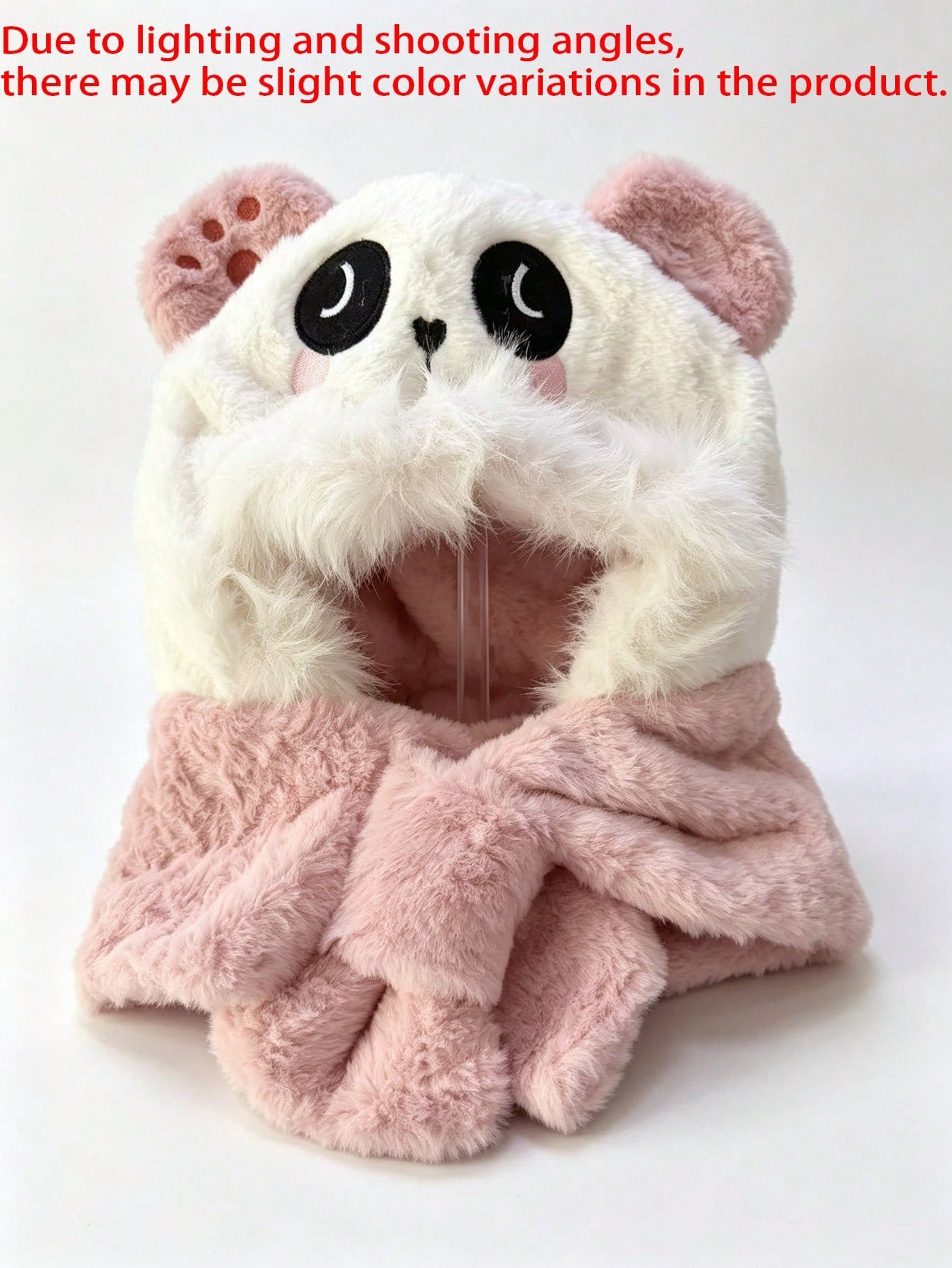 Panda Embroidery Faux Plush Warm Windproof One-Piece Set Pink