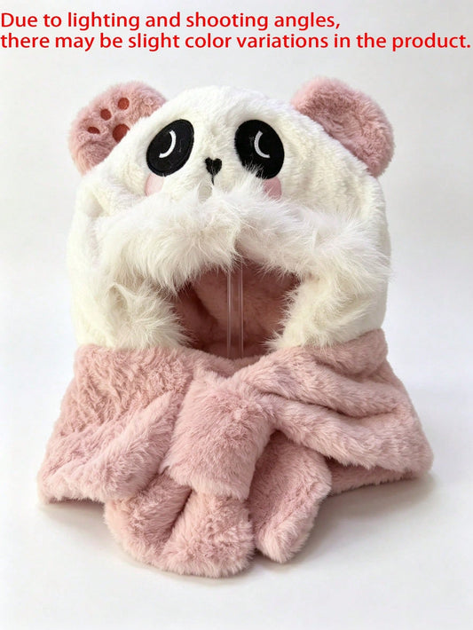 Panda Embroidery Faux Plush Warm Windproof One-Piece Set Pink