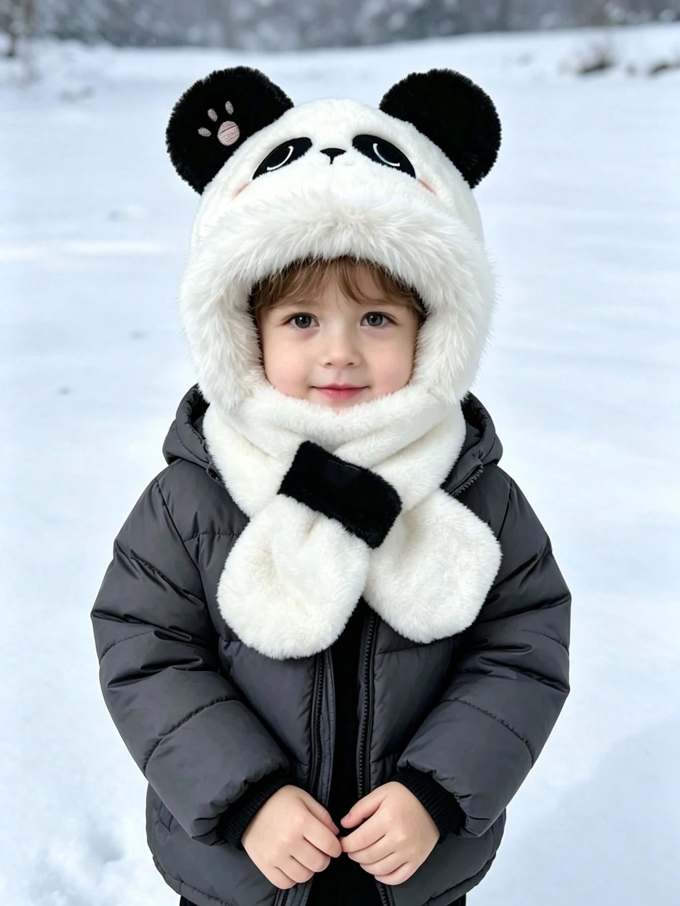 Panda Embroidery Faux Plush Warm Windproof One-Piece Set