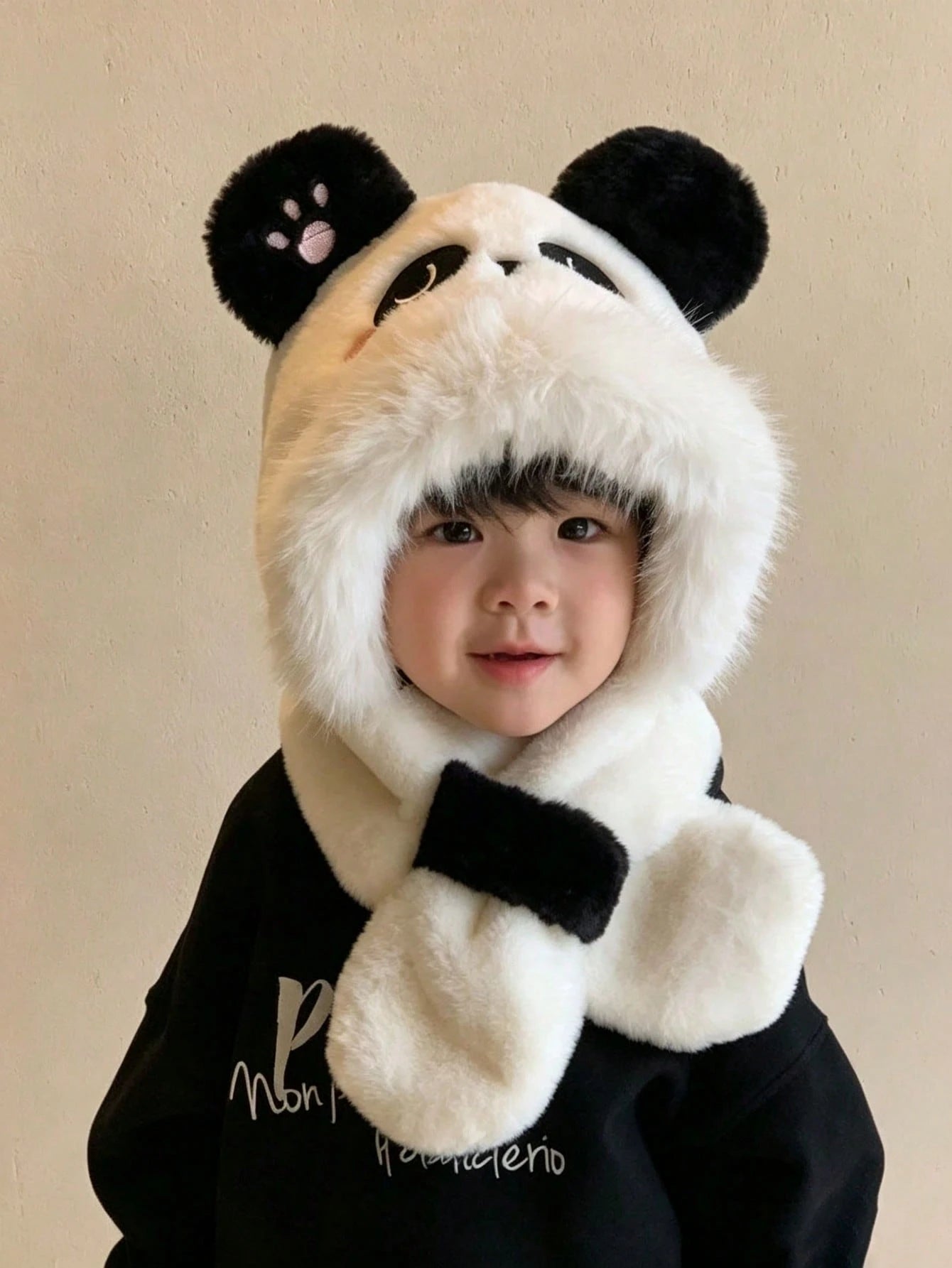 Panda Embroidery Faux Plush Warm Windproof One-Piece Set