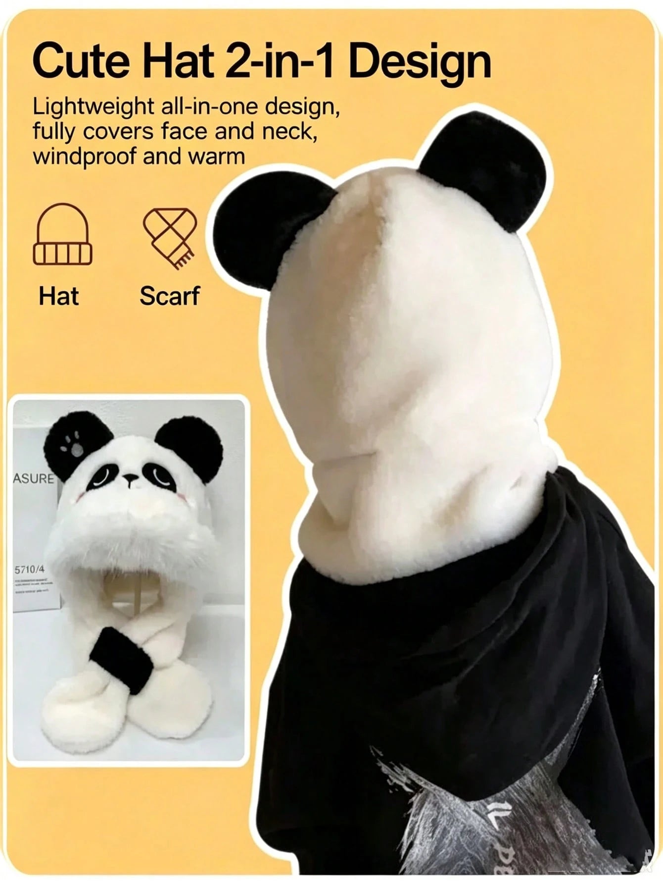 Panda Embroidery Faux Plush Warm Windproof One-Piece Set