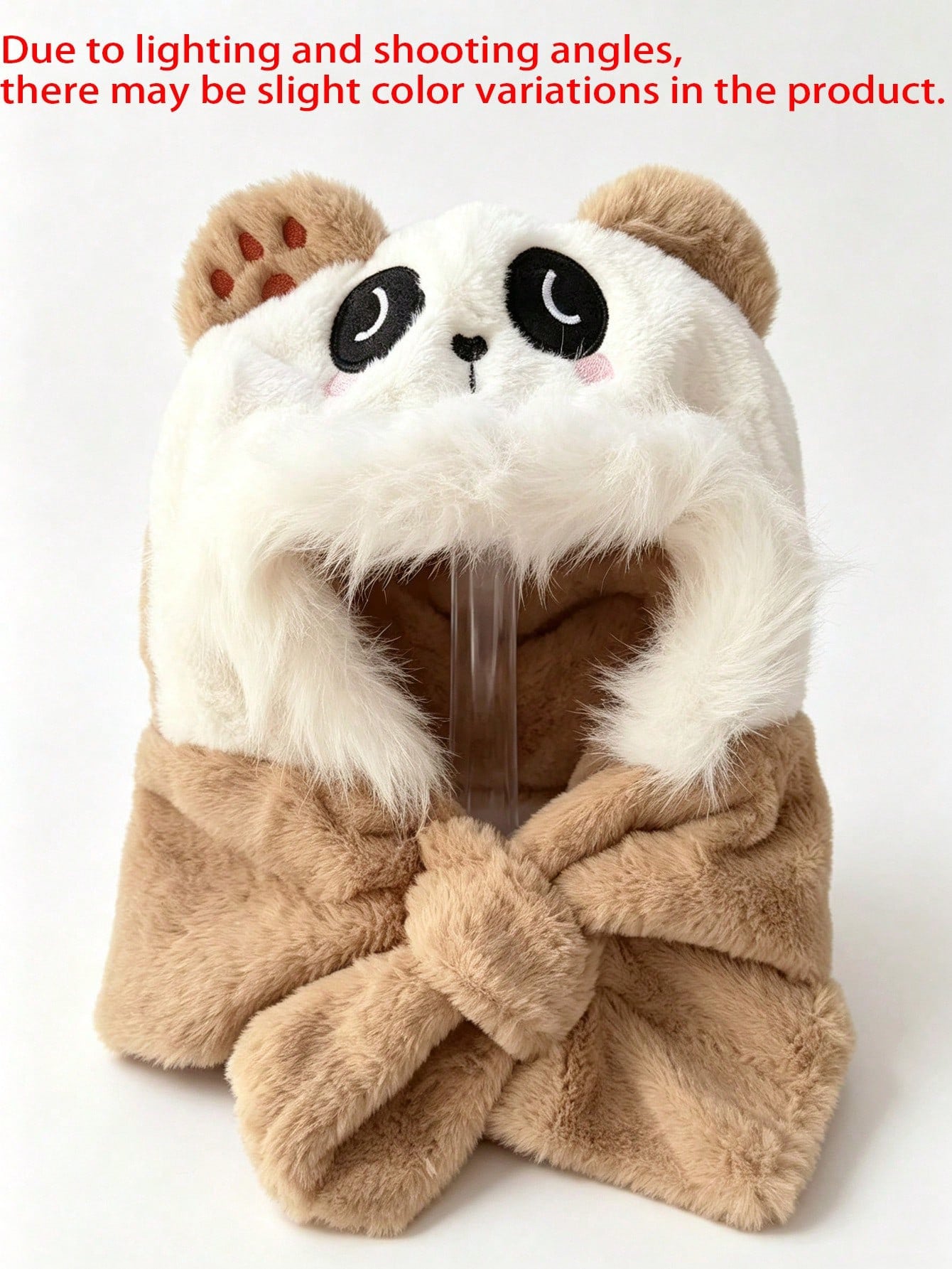 Panda Embroidery Faux Plush Warm Windproof One-Piece Set Brown