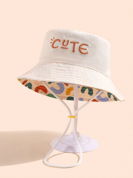 Mummy & Mee 1pc Kids Letter Embroidered Casual Bucket Hat Beige