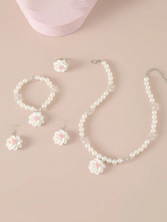 1pc Necklace, 1pc Bracelet, 1pc Ring, 1 Pair Of Earrings Set White