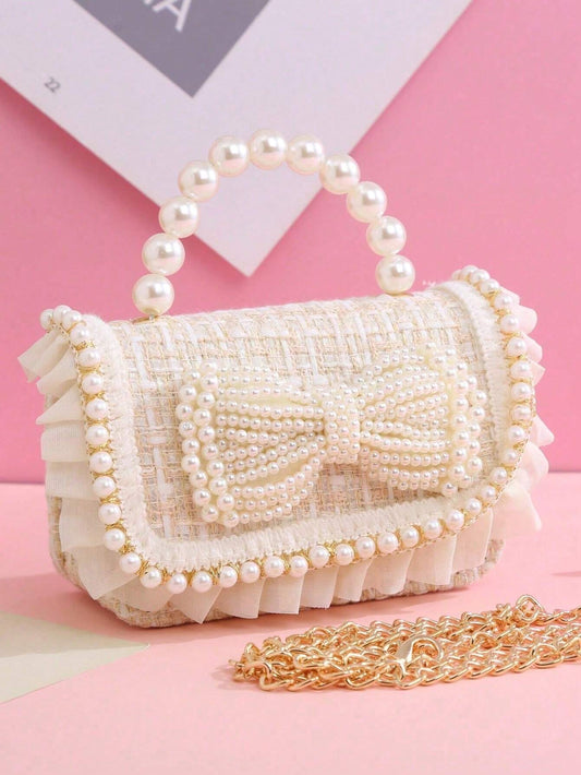 Mummy & Mee 1pc Plaid Pearl Bow Ruffle Decor Snap Closure Fashion Handbag Beige
