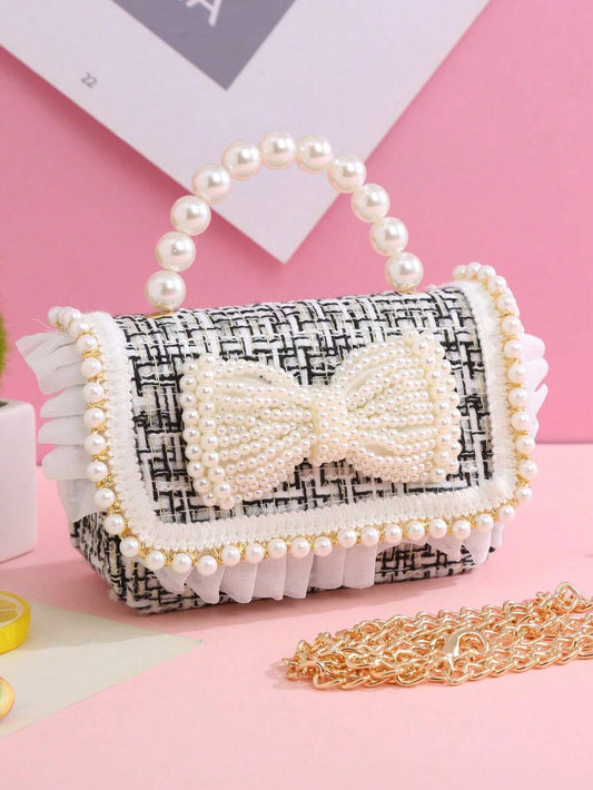 Mummy & Mee 1pc Plaid Pearl Bow Ruffle Decor Snap Closure Fashion Handbag Black
