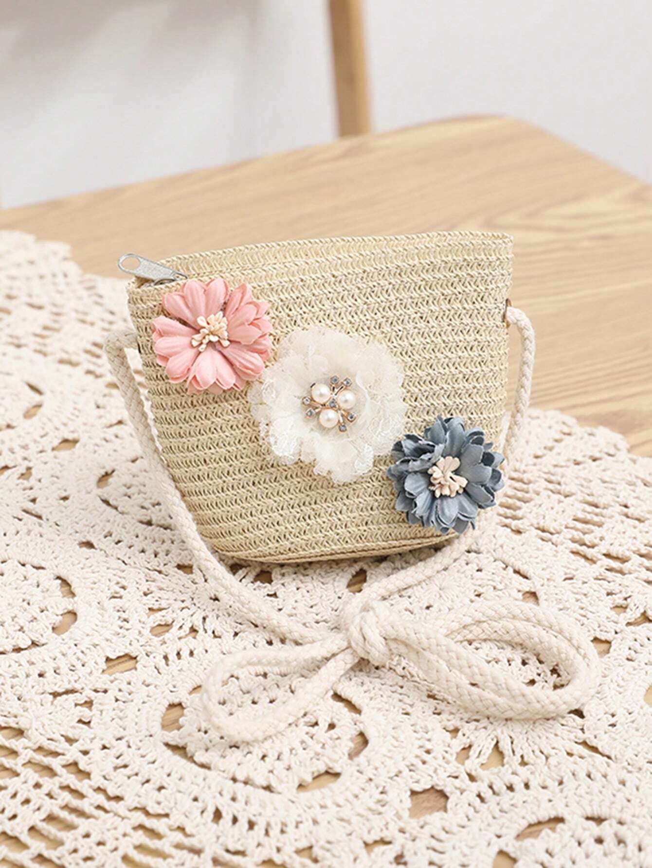 1set New Arrival Girls' Lovely Princess Hat & Floral Ribbon Tote Bag Set