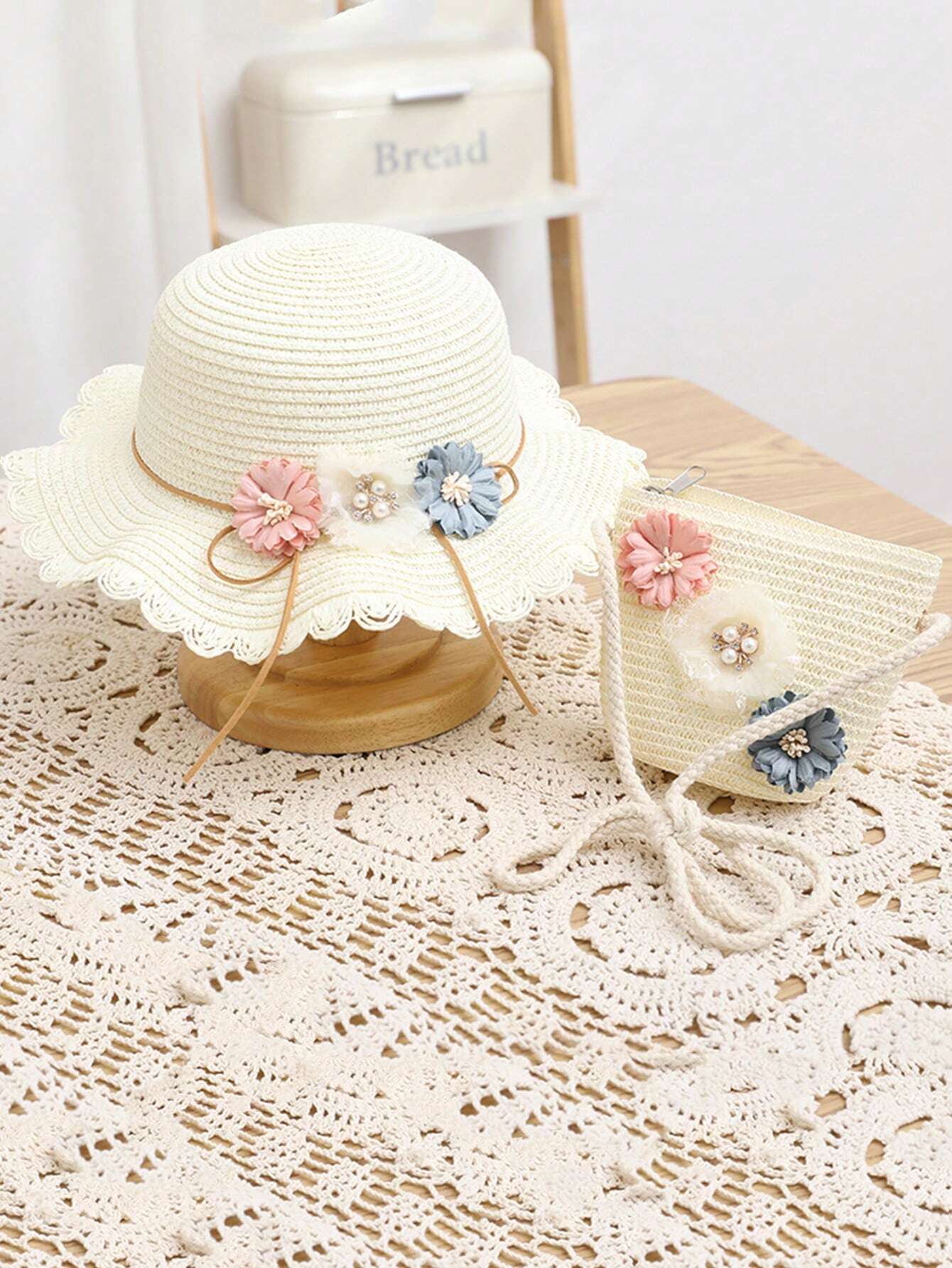 1set New Arrival Girls' Lovely Princess Hat & Floral Ribbon Tote Bag Set White 3-8Y