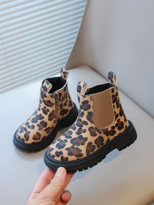 Leopard Print Kids Ankle Boots Brown