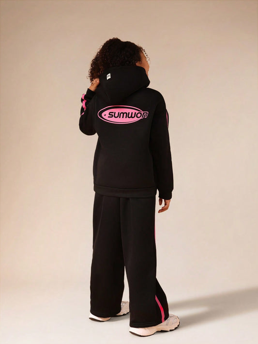 Girls Black Hoodie And Wide Leg Jogger Co-Ord Set With Pink Contrast Stripes