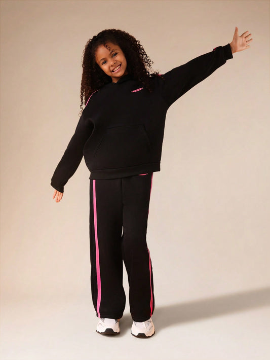 Girls Black Hoodie And Wide Leg Jogger Co-Ord Set With Pink Contrast Stripes