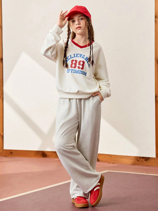Tween Girl 2pcs Outfit Set: Loose V-Neck Long Sleeve Graphic Print Sweatshirt